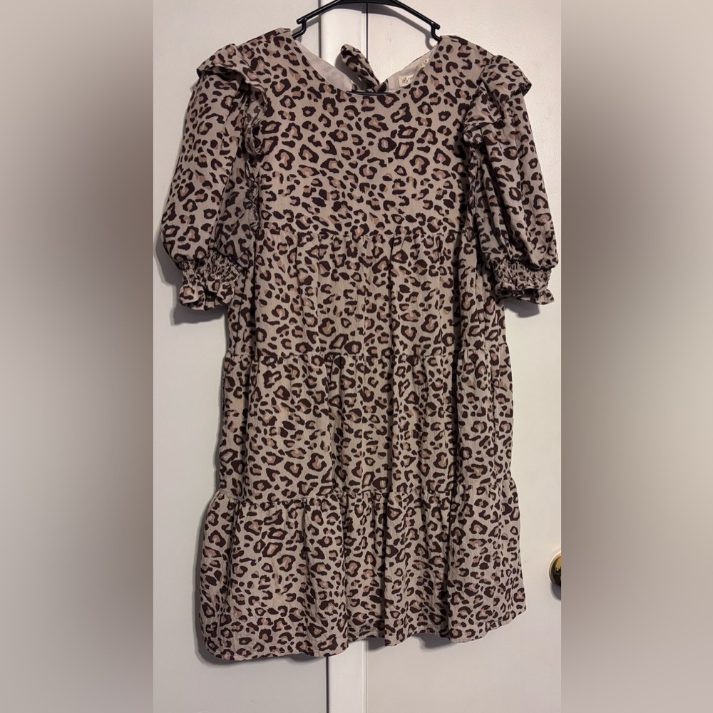 Womens Leopard Print Tiered Dress - Taupe Brown